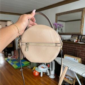 Isabelle Brand Tan/ Taupe Round Circle Handbag with Long Strap